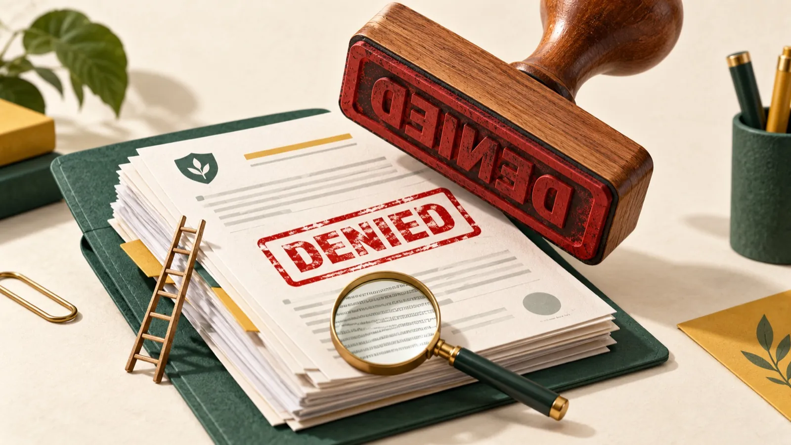 Conceptual illustration of an oversized DENIED stamp above policy documents, with a miniature ladder and magnifying glass.